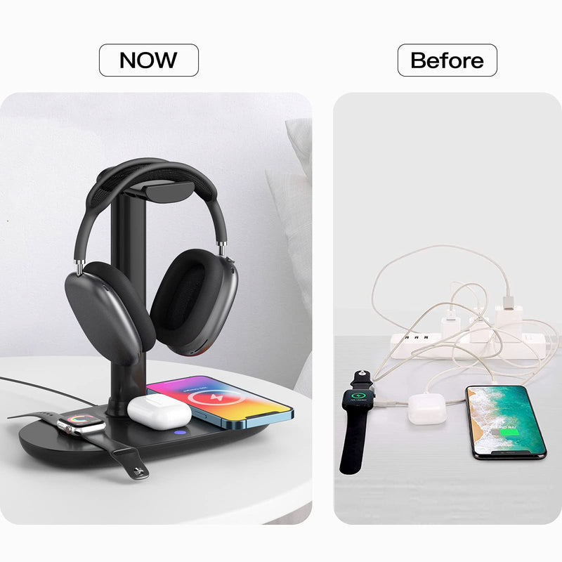 Headphone Stand with 15w Wireless Charger, Suguder 4 in 1 Qi Charging Station Headset Holder for AirPods Max/Pro/2 iWatch 7/6/5/4/3/2/1/SE iPhone 13/12/11/XS/XR/X/8 Series for Desktop Table Game,Black Black