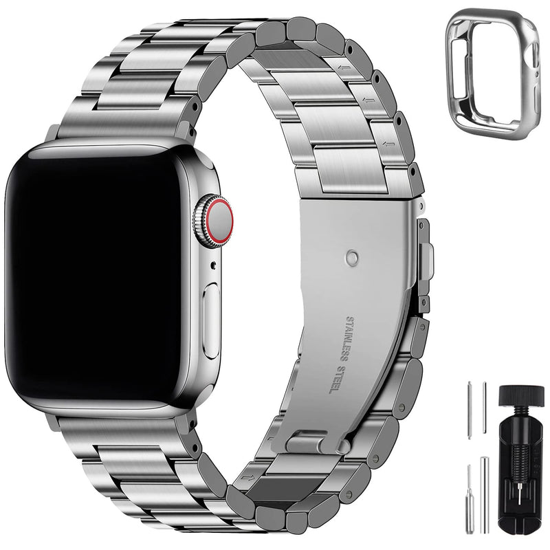 Fullmosa Compatible Mesh Apple Watch Band 44mm/45mm/42mm Silver with Case & Compatible Metal Apple Watch Band 44mm/45mm/42mmwith Case,Silver