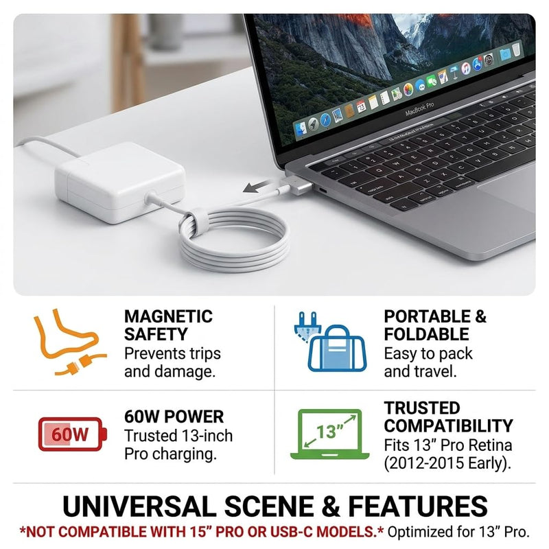 UL Certified 60W MacBook Pro Charger Replacement, MagSafe 2 Compatible with MacBook Pro 13 Inch Retina (2012-2015) & MacBook Air 11/13 Inch (2012-2017), A1425 A1435 A1465 A1466 A1502