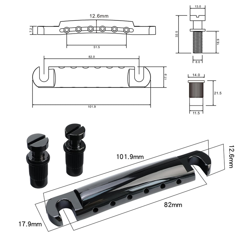 Black Tune-O-Matic Guitar Bridge and Stop Bar Tailpiece Combo M8 Metric Thread 6 String Fixed Bridge Compatible with Les Paul LP SG Style Electric Guitar Replacement Parts Black