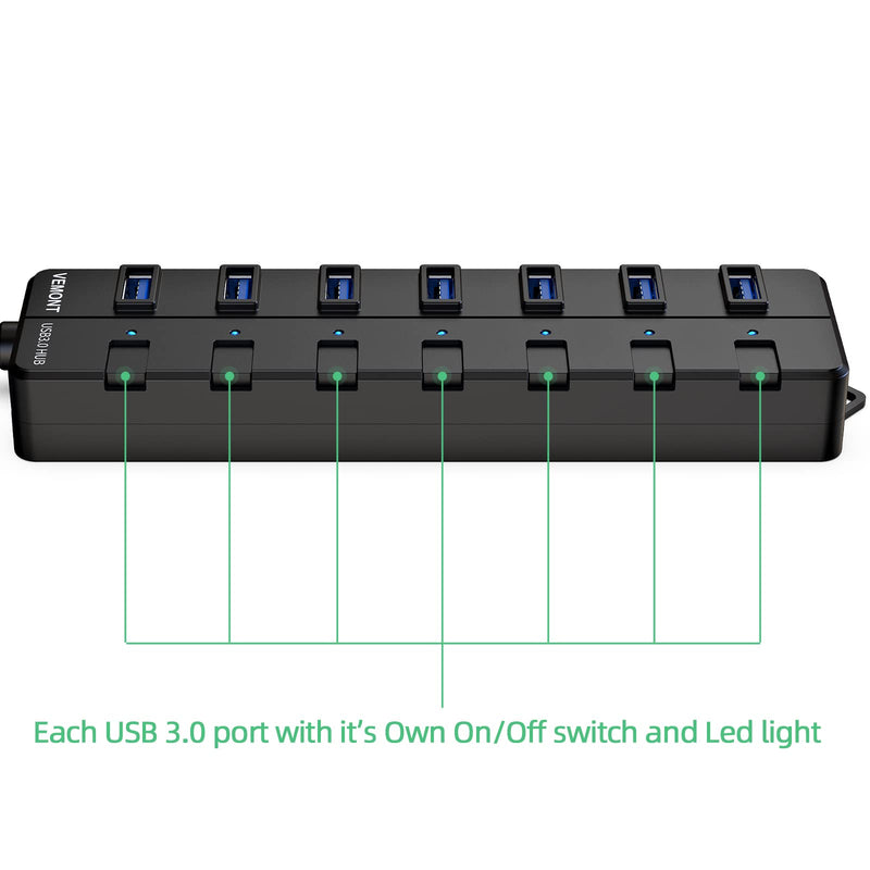 USB hub 3.0,7-Port USB Hub,VEMONT 3.0 USB Splitter with Individual On/Off Switches and Lights, 4ft/1.2m Long Cable USB Extension for Laptop and PC Computer 4ft Black