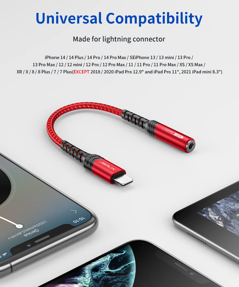 JSAUX iPhone Headphone Adapter, Lightning to 3.5mm Adapter [Apple MFi Certified] iPhone Aux Adapter Compatible with iPhone 14/14 Pro Max/13/13 Pro Max/12/12 Pro Max/11/11 Pro Max/SE/X/XR/XS/8-Red Red