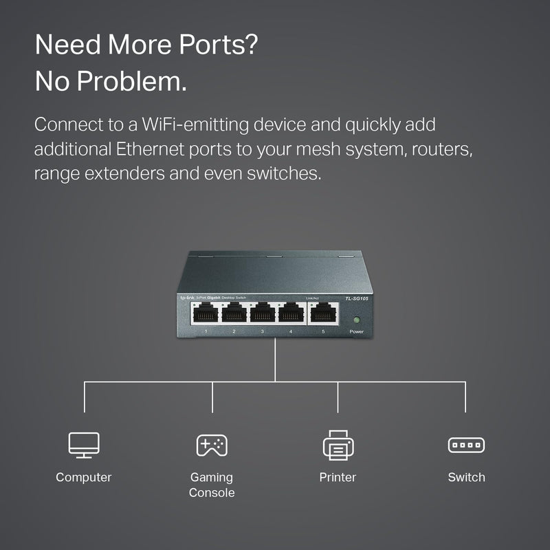 TP-Link TL-SG105, 5 Port Gigabit Unmanaged Ethernet Switch, Network Hub, Ethernet Splitter, Plug & Play, Fanless Metal Design, Shielded Ports, Traffic Optimization | Network Hub, Ethernet Splitter, Plug & Play, Fanless Metal Design, Shielded Ports, Tra...