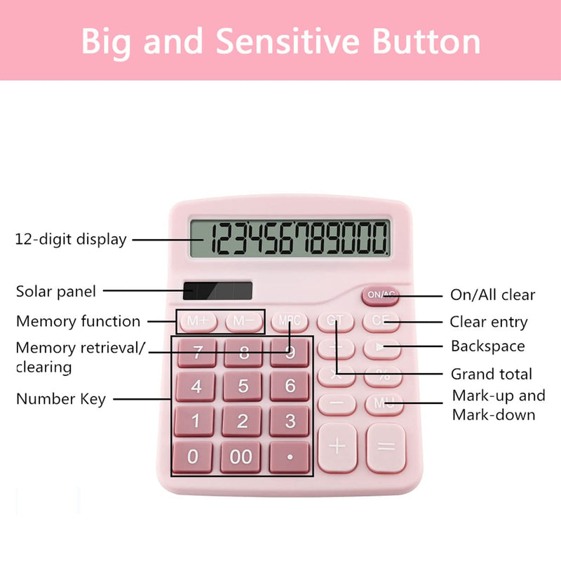 Office Calculators Desktop, 12-Digit Dual Power Cute Calculator with Large LCD Display Big Button for Office Home and School (Pink) Pink