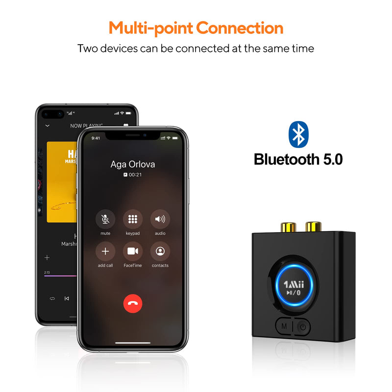 [AUSTRALIA] - 1Mii Bluetooth 5.0 Audio Receiver, Wireless Audio Adapter for Home Stereo Music Streaming System with 3.5 mm RCA, Bass Mode, 12hrs Playtime(Upgraded) 