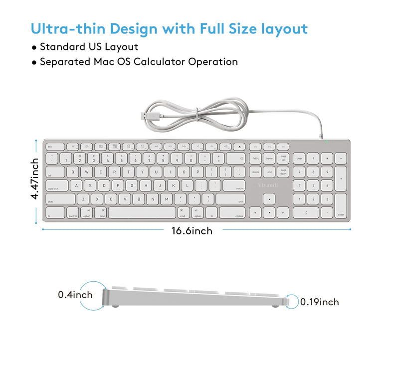 Wired Keyboard for Apple Mac OS, All-Aluminum Frame, Plug-N-Play Cable Connection, Desktop USB Keyboard with Numeric Keypad Compatible with iMac Computer or MacBook Laptop by Yivandi -White