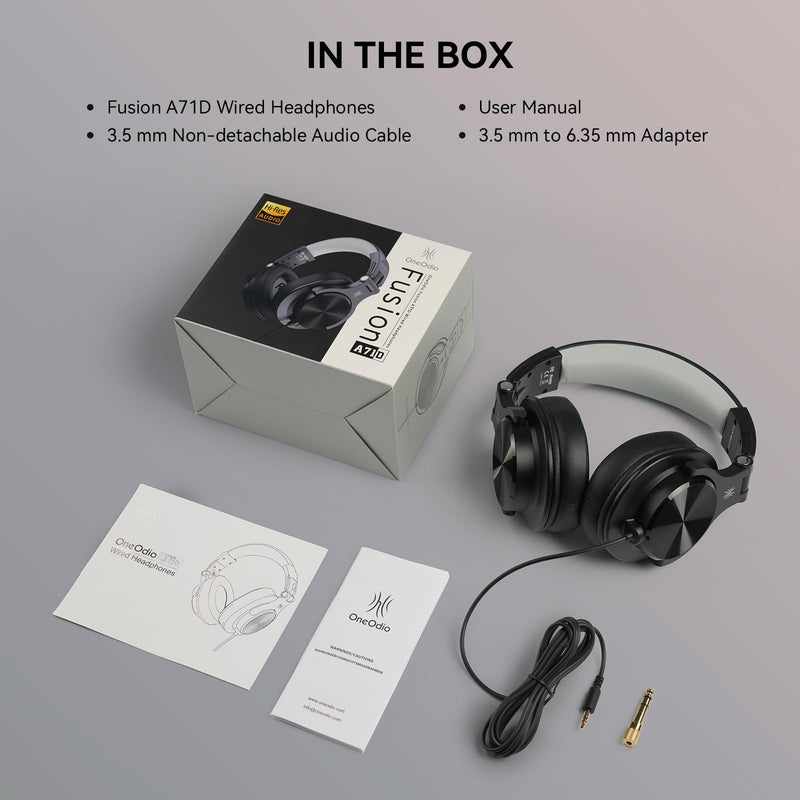 OneOdio A71D Wired Over-Ear Headphones, Studio Monitor Headsets, Hi-Res DJ Stereo Headphone with Foldable Design, 3.5/6.35MM Plug for AMP Recording Podcast Mixing PC Guitar - Black