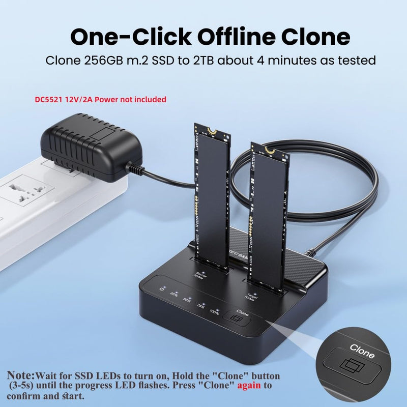 chenyang USB 3.2 Gen 2X2 20Gbps Dual Bay M.2 NVME SSD Cloner Dock Enclosure Adapter for Clone and Read Support One Cllick Offline Clone Adapter + Cable