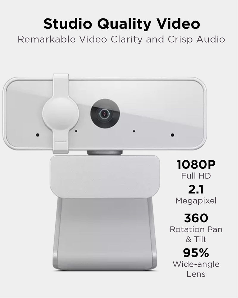 Lenovo HD 1080p Webcam (300 FHD) - Monitor Camera with 95° Wide Angle, 360° Rotation Pan & Tilt, Dual Microphones – Attachable Desktop Cam with Privacy Shutter for Remote Work, Streaming & Gaming Cloud Gray 300 FHD