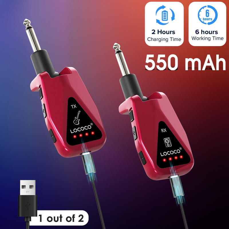 Wireless Guitar System Transmitter Receiver: UHF Cordless 164 Feet Range - 6 Channels USB-C Rechargeable Audio, 220° Rotatable Plug Design for Guitar Bass and Electric Instruments(Red) red