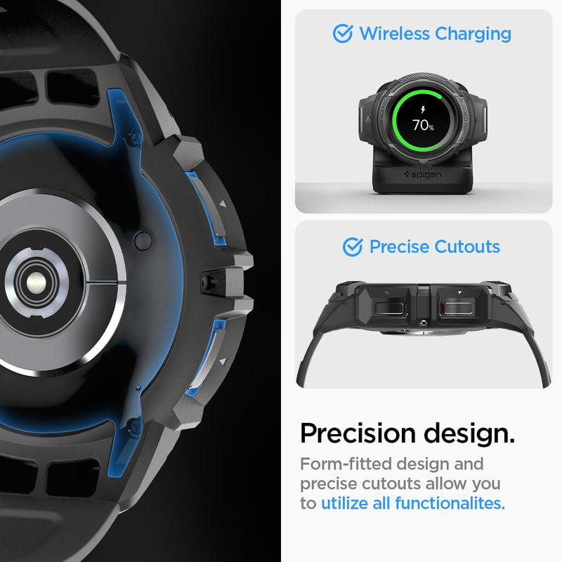 Spigen Rugged Armor Pro Case with Band and S353 Charger Stand Designed for Samsung Galaxy Watch 6 Classic 47mm - Black