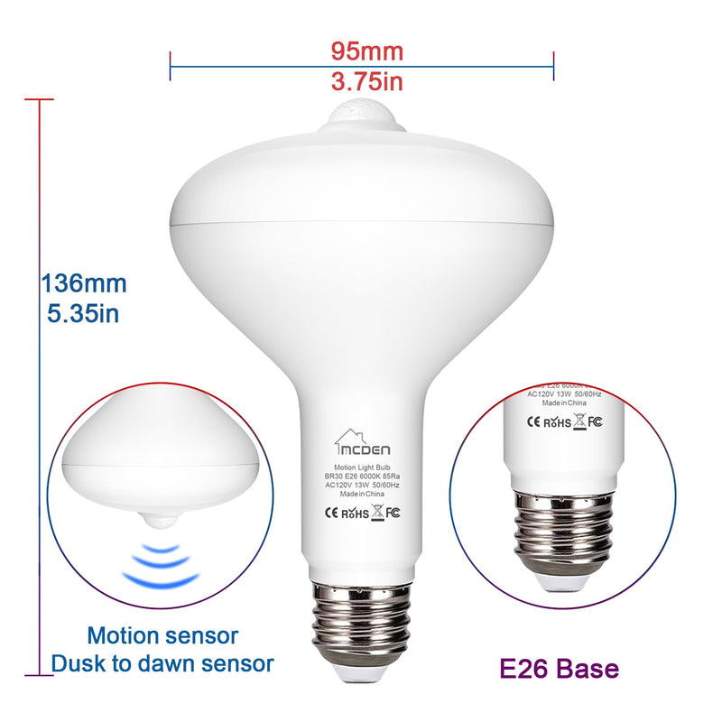[AUSTRALIA] - McDen Motion Sensor Light Bulb, BR30 13W Equivalent 100W 6000K Daylight, Indoor Motion Activation Detector Light Bulb, E26 Base Dusk to Dawn Security Night Light. 4 Packs Daylight White BR30-13W 
