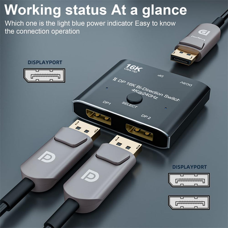 NFHK DP DisplayPort 2.0 Bi-Direction 2x1 Switch Splitter Selector Hub Support HDCP SST Extended 16K@60hz 4K@240hz Convertor DP 2x1 Switch