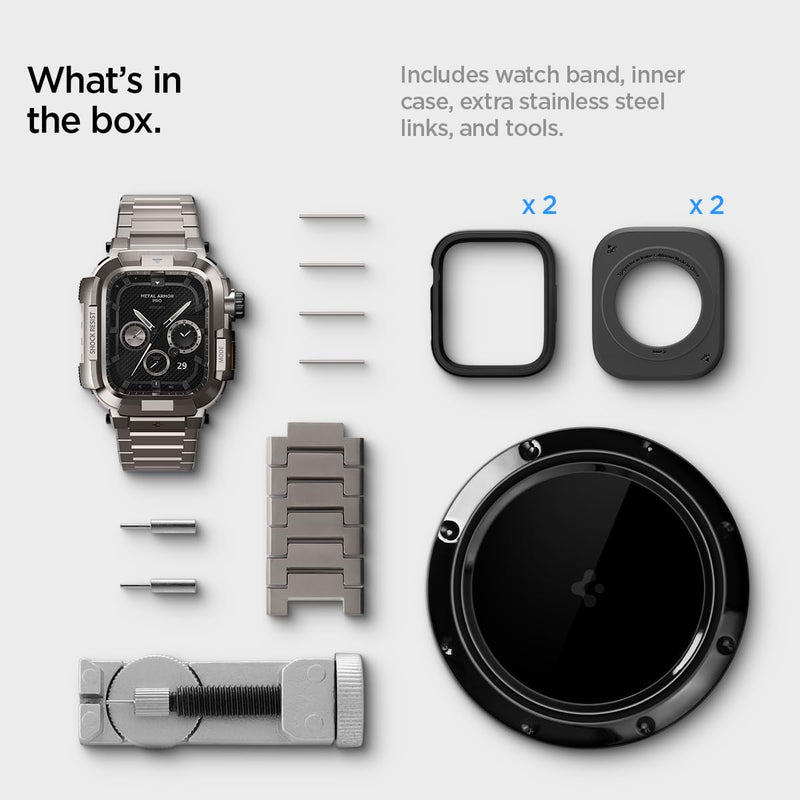 Spigen Metal Armor Pro for Apple Watch Series 9/8/7 45mm Band with Case | Durable Rugged Stainless Steel Protective Shockproof Cover with Strap, Gunmetal