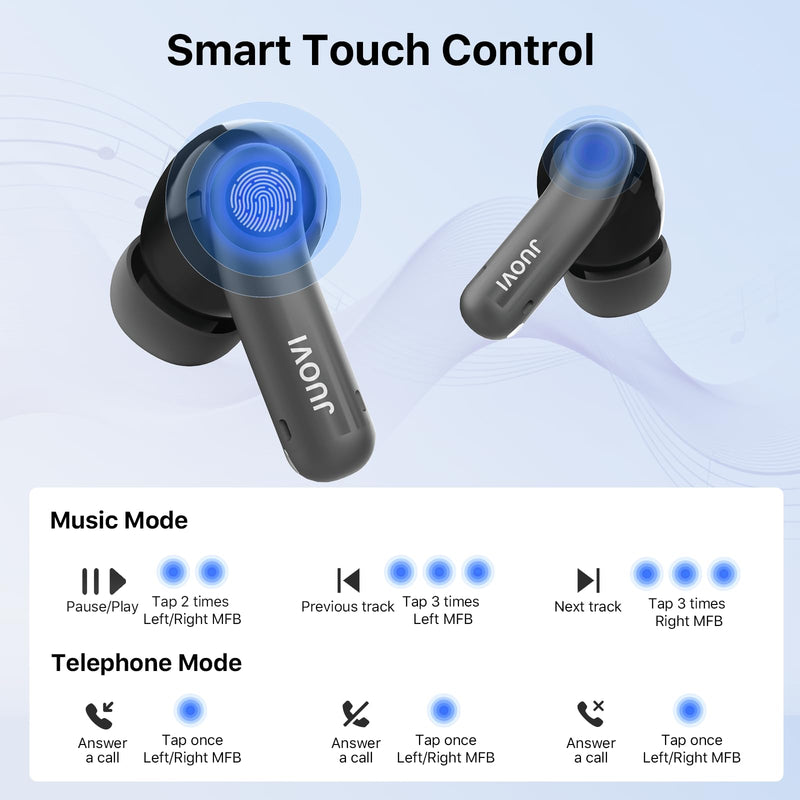 JUOVI Ture Wireless Earbuds Active Noise Cancelling Bluetooth Headphones | 55H Playtime 6-Mic ENC Clear Calls, Bluetooth 5.4 IPX5, 52dB Hybrid ANC in-Ear Earbuds for Phone Laptop etc Black ZT242