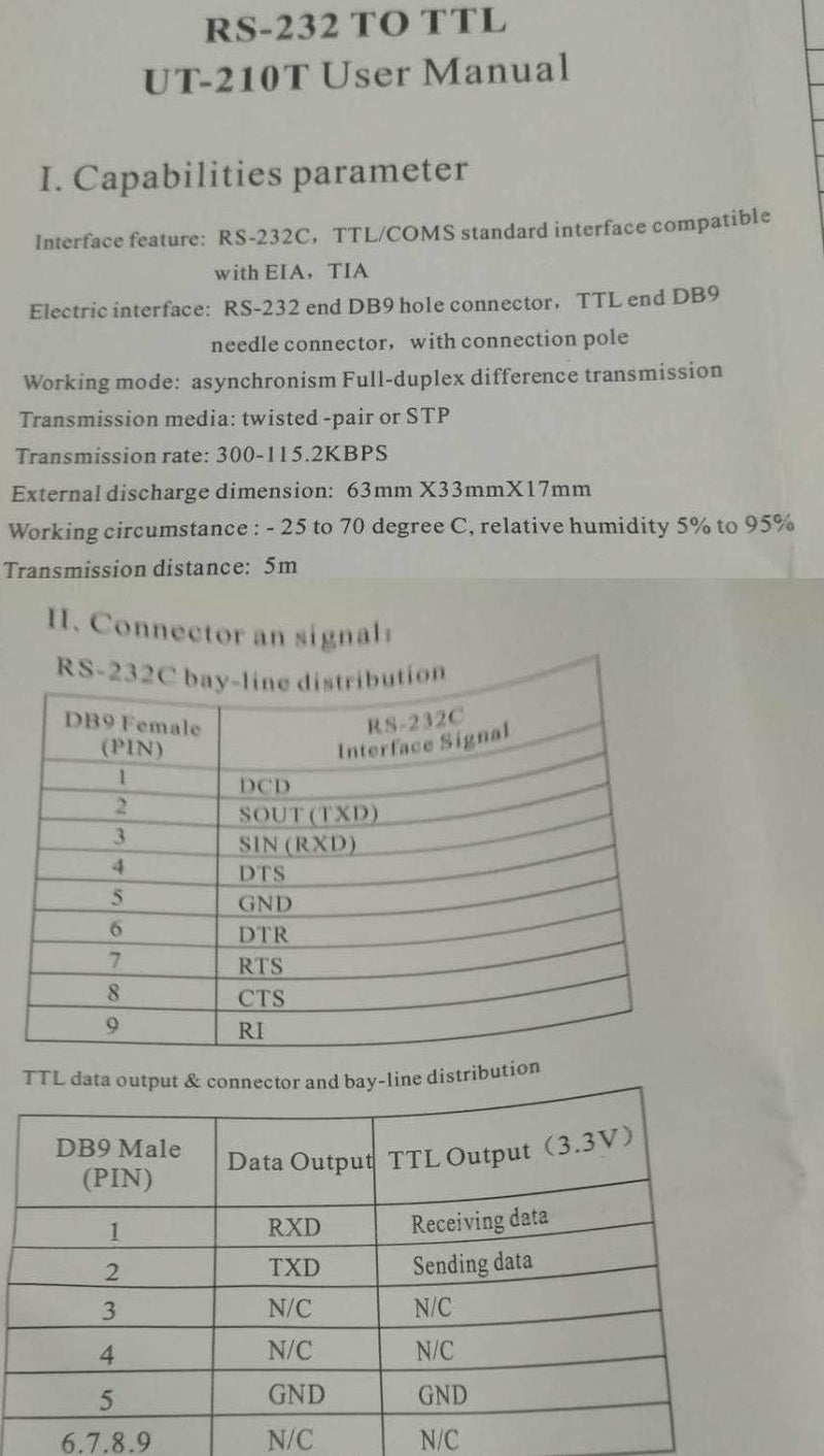 Utek Ut-210t Rs-232 to TTL Interface Protocol Converters(TTL Output 3.3v Port-Powered, Rs-232 to TTL, Mini-Size