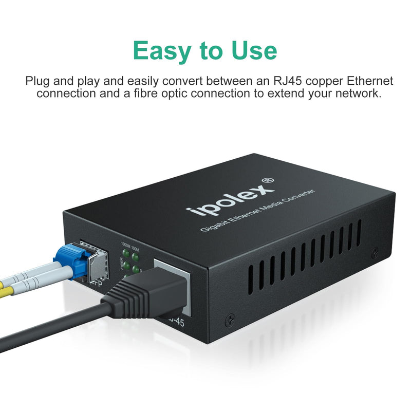 ipolex Gigabit Single-Mode LC Fiber to Ethernet Media Converter (SFP LX Modules Included),1.25G Fiber Media Converter, 1000Base-LX to 10/100/1000Base-TX, 1310nm, SMF, Transmission up to 20KM, 2 Pack Standard Kit #2: SFP 20km x2
