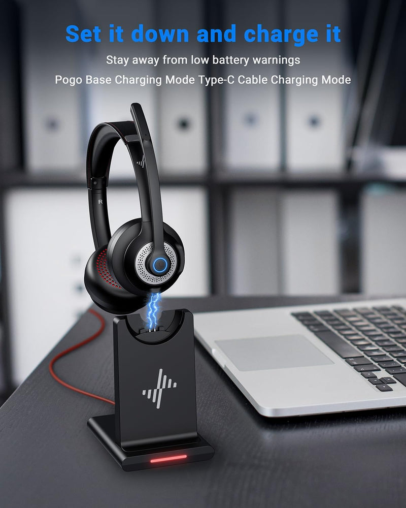 [AUSTRALIA] - Wireless Headset with AI Noise Cancelling Microphone Bluetooth Headset - Bluetooth V5.2 Headphones with USB Dongle, Charging Base & Mic Mute for Computer/Laptop/PC/iPhone/Android/Cell Phones Black 