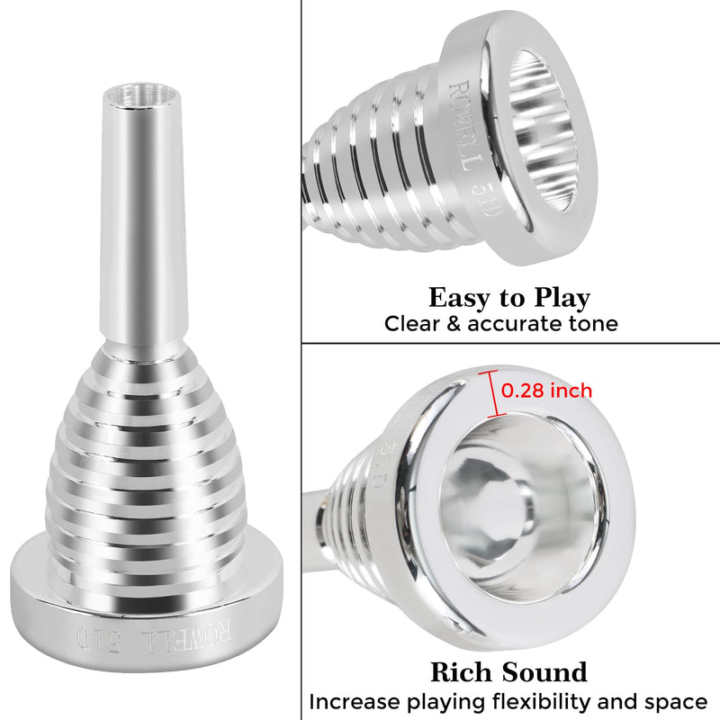 ROWELL 51D Silver Trombone Mouthpiece - Brass, Compatible with Beginners and Professionals, Modern Style, B Flat Instrument