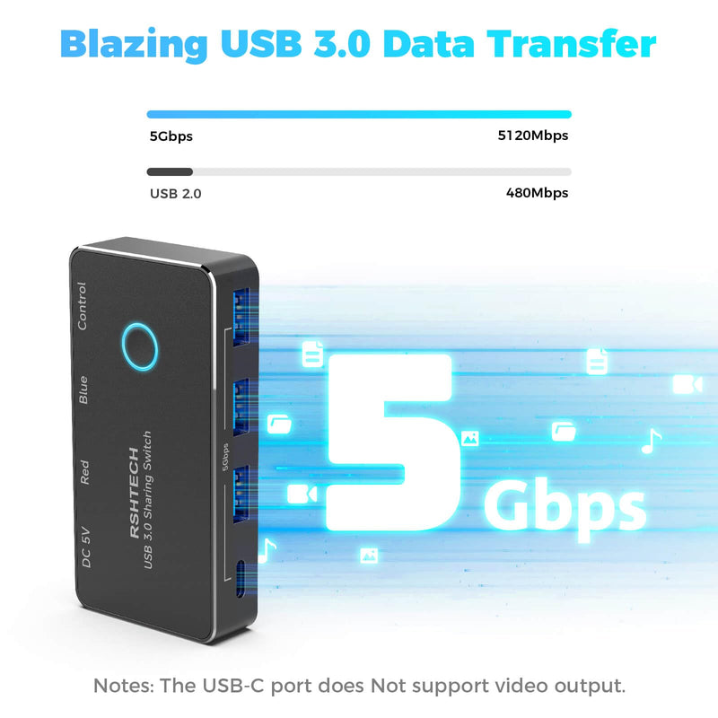 RSHTECH USB 3.0/USB C Switch 2 Computers Share 4 USB Devices, RSH-A201R | USB Switcher Selector with 4 USB 3.0 Data Ports(3 USB-A+1 USB-C), 2 Cables and Controller for Keyboard, Mouse and Printer Black 4 Ports USB Switch
