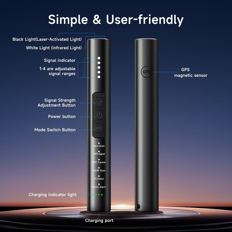 Upgraded Multi-Function Hidden Camera Detector - Precision Detection, GPS Tracker Detector, Anti-Spy RF Detector & Camera Finder for Airbnb, Hotels, Travel, and Fitting Rooms Black