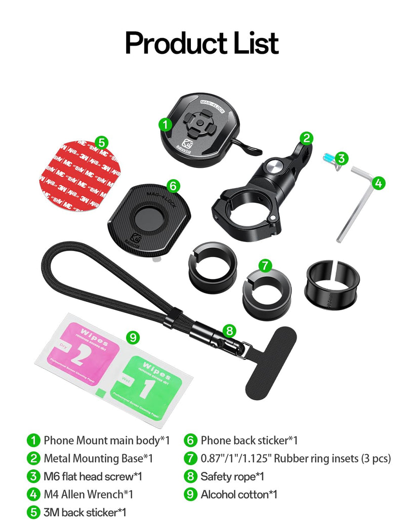 Kewig Aluminum Alloy Motorcycle Magnetic Phone Mount with Magnetic 4-Lock‌ | Vibration Dampener, 1s Auto Lock Bike Phone Holder with Metal Arm & Mounting Base, for 0.87"/1"/1.125"/1.26" Handlebar Short Arm