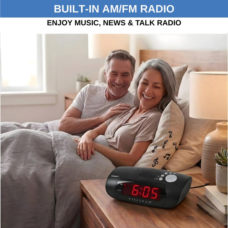 Digital Alarm Clock Radio for Bedroom with AM/FM Radio, USB Charging Port for Phone, Red LED Display, Wake to Radio or Buzzer, Snooze, Sleep Timer, AUX Input, Battery Backup