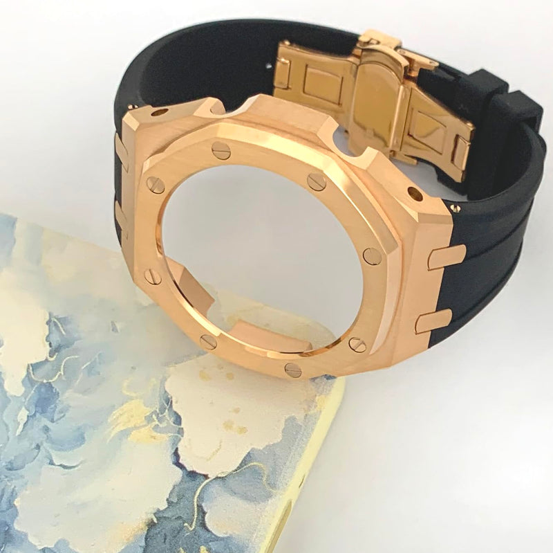 Ga2100 Band Case Strap Mod Kit,Pink Gold Stainless Steel Metal Case Bezel 9 match Color Silicone Band Strap Parts Compatible With Casio G shock Ga-2100 Ga-2110 GAB-2100 Rosegold Case Black Strap yuanding-fba