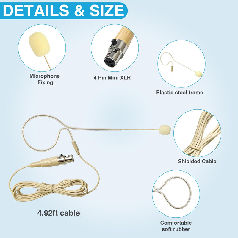 2 Pack Headset/Headworn Microphone Single Earhook Headset Microphone Mini XLR 4Pin TA4F Plug Hanging Condenser Omnidirectional Mic Compatible with Shure,1.5m Cable and Windscree