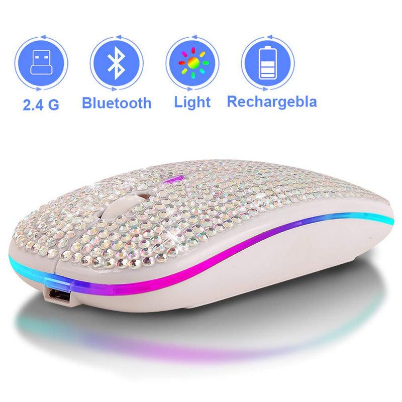 Attoe Bluetooth Mouse,Bling Dazzling 2.4GHz Rechargeable Wireless Mouse Slim Mouse with USB Receiver,Compatible with Notebook,PC,Laptop,Computer,MacBook,Great Gift idea for Her (White) White
