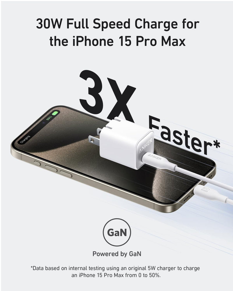 USB C GaN Charger 30W, Anker 511 Charger (Nano 3), PIQ 3.0 Foldable PPS Fast Charger for iPhone 15/15 Pro/14/14 Pro Max/13, Galaxy, iPad (Cable Not Included) - Aurora White