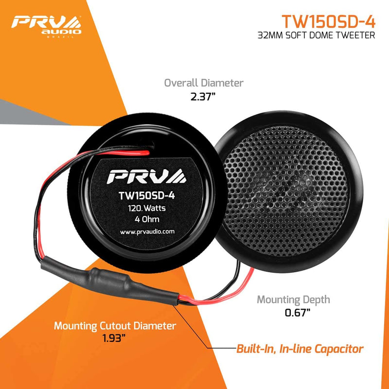 PRV AUDIO Soft Dome Tweeters 240 Watts 4 Ohm TW150SD-4 with Built-in Crossover, 32 mm Silk Dome, Neodymium Magnet for Car Audio and Motorcycle Systems Easy Flush Mount (Pair) 240w 32mm Soft Dome