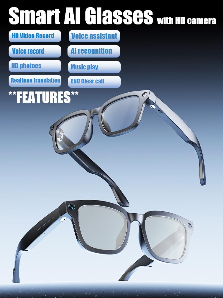 ZXQ Smart AI Camera Sunglasses, Black Frame with Dark Lenses, Digital Recording Eyewear for Photos and Videos Black + Clear Lens