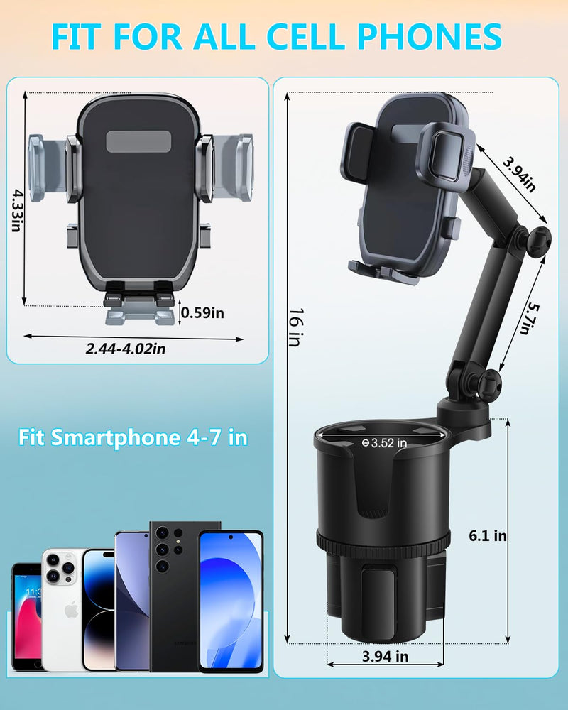 2-in-1 Cup Phone Holder for Car, 360° Adjustable Car Phone Mount | Anti-Slip Phone Cup Holder Long Arm, Fits 2.5–4" Cup Slots, Stable Holds Phones & Large Bottles, Compatible iPhone 17/16 Pro black