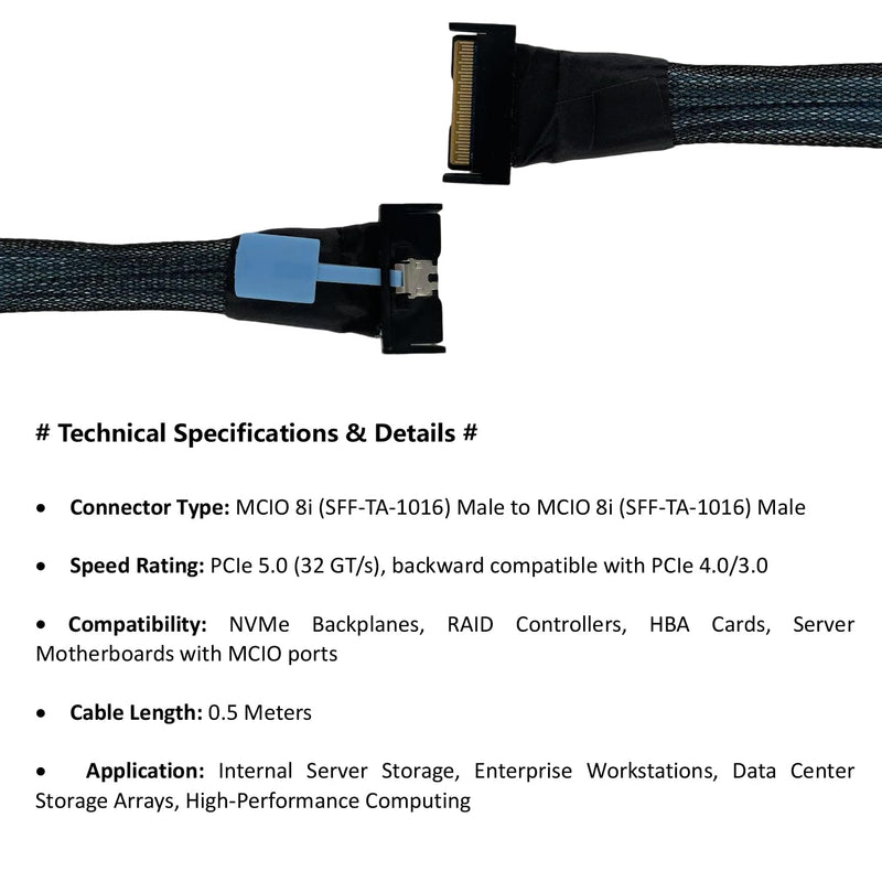 MCIO 8i to 8i Cable, PCIe 5.0 Gen5 Internal High-Speed Adapter, SFF-TA-1016 Connector for NVMe RAID Controller Server Storage Backplane, 50CM