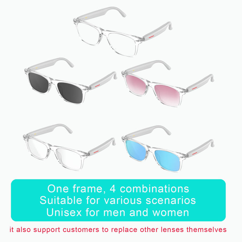 IVY TWS Smart Bluetooth Audio Glasses - Glesses Lens Kits (Blue Light Blocking & Sunglasses & Pink & Blue) for Office Outdoor Sports Drive - Smart Glasses for Men & Women - White Frame