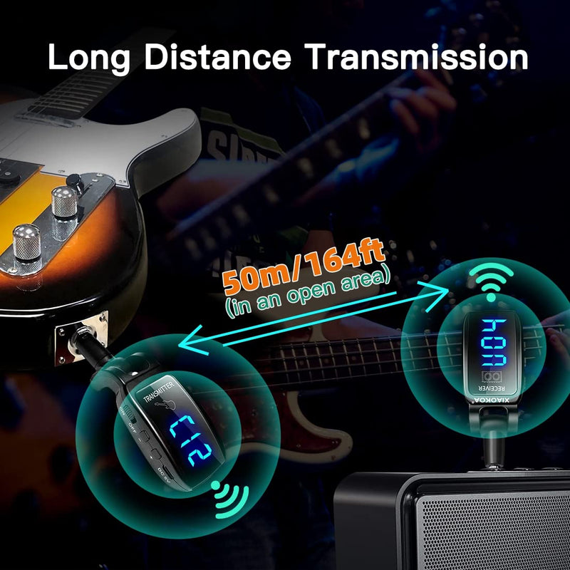 Wireless Guitar System, UHF 15 Channels Rechargeable Transmitter Receiver, 164ft Range with LED Screen, for Electric Bass Musical Instruments （Black） black