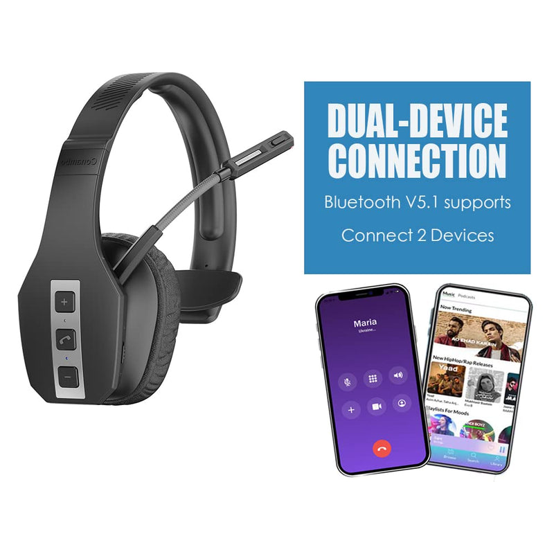 Conambo Trucker Bluetooth Headset with CVC8.0 Three Microphone Noise Cancelling 35Hrs HD Talktime Wireless Handsfree Headset with Mute Button for Driver Office
