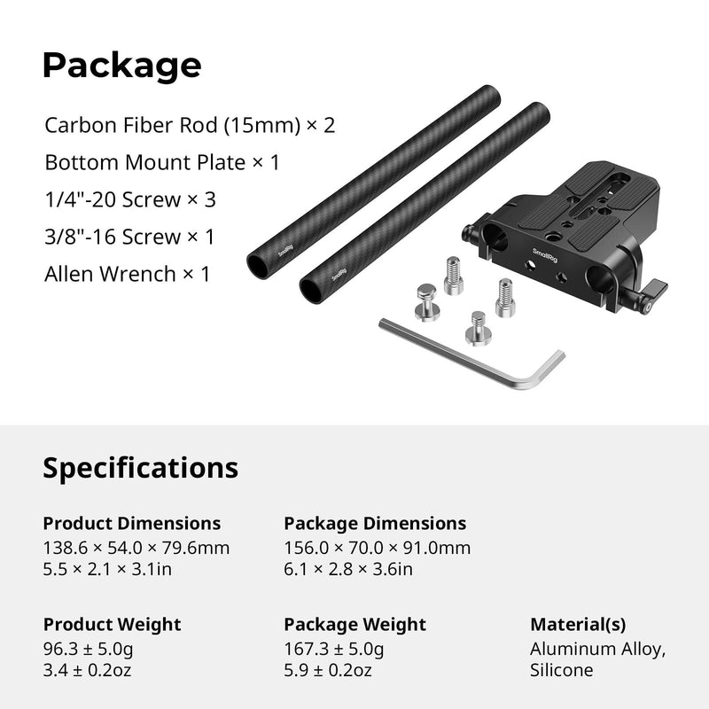SMALLRIG Camera Base Plate Kit with 15mm LWS Rod Rail Clamp, Carbon Fiber 15mm Rods (8'' / 20cm), for Sony A6500 A6600 A6300, for Canon R5 R6, for Sony A7SIII / A7III, Both for Cameras & Cages - 5609 Base Plate+15mm Rods