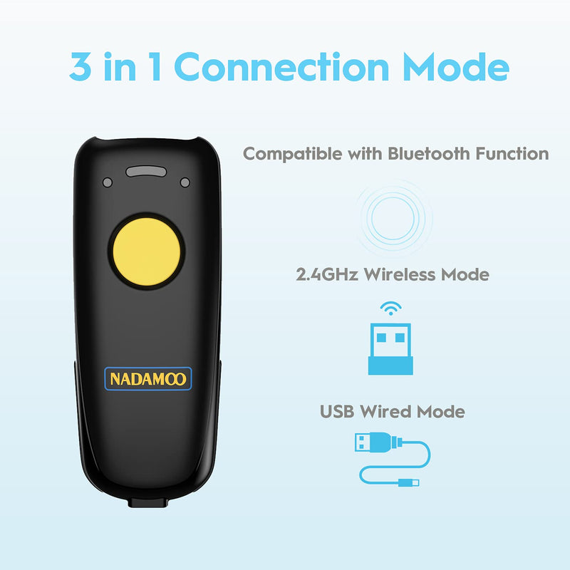 NADAMOO Wireless 2D Barcode Scanner Compatible with Bluetooth, 2.4G Wireless & USB Wired Connection, Portable Bar Code Scanner for Inventory Library CMOS Image Reader for Tablet PC, Read 1D 2D QR Code 2D Yellow