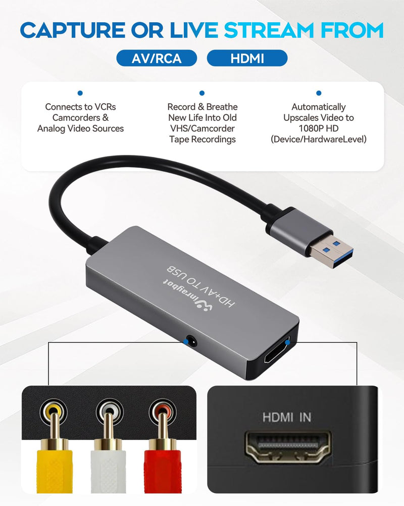 USB Video Capture Adapter, VHS to Digital Converter,Video Capture Card for VHS,RCA,HI9,hdmi for Video Streaming Convert VHS/DVD to Digital Format, RCA/S-Video/HDMI Input Optimized Version USB A