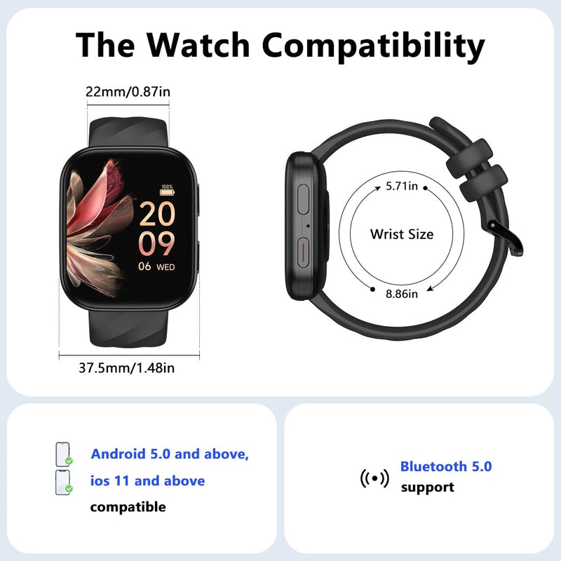 FITVII Health & Fitness Tracker (Answer/Make Calls), Smart Watch with 24/7 Heart Rate and Blood Pressure, Sleep Tracking, Blood Oxygen Monitor, 120+ Sport Modes Activity Tracker for Women Men Black 1.85