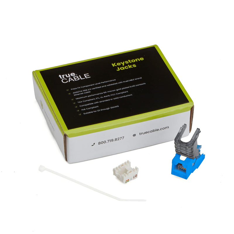 TRUE CABLE Cat6 Toolless Keystone Jack, Unshielded (UTP), PoE++ (4PPoE) 100W, UL Listed, ETL Verified, ANSI/TIA Certified, Modular RJ45 Female, Blue, 12 Pack 12pc