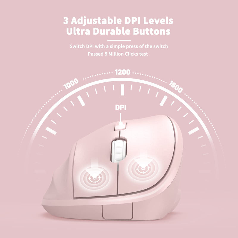 Ergonomic Wireless Mouse with USB Receiver for PC Computer, Laptop and Desktop, Ergo Mouse with Silent Clicks, About 16-Month Battery Life, Up to 1600 DPI & 1 AA Battery Powered, Pink