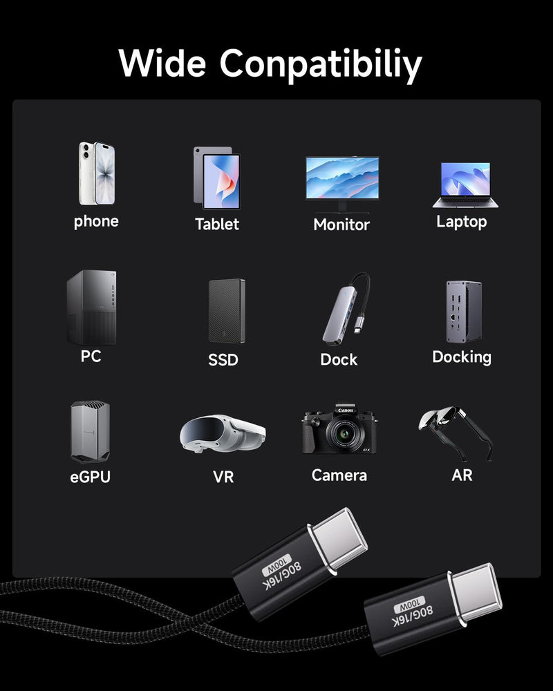 （Black,3.3FT 2Pack USB C Cable,USBC 80Gbps Data Transfer Compatible with Thunderbolt 5/4/3,Slim Connector,100W Fast Charging,16K/8K/4K HD Video Cord for Monitor,MacBook,iPhone 17/16,Docking. USB C Nylon Braided Cable Black 2Pack