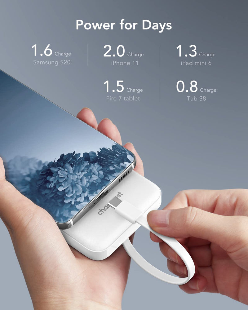 Portable Charger with Built in Cables, Portable Charger with Cords Wires Slim 10000mAh Travel Battery Pack 6 Outputs 3 Inputs 3A Fast Charging Power Bank for Samsung Google Pixel LG Moto iPhone iPad White
