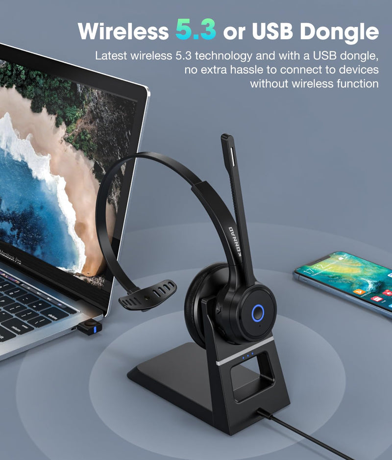 Bluetooth Headset with AI Noise Cancelling Microphone, V5.3 Wireless Headphones with USB Dongle, Charging Station, Microphone Mute Switch, Wireless Headsets for Work Black