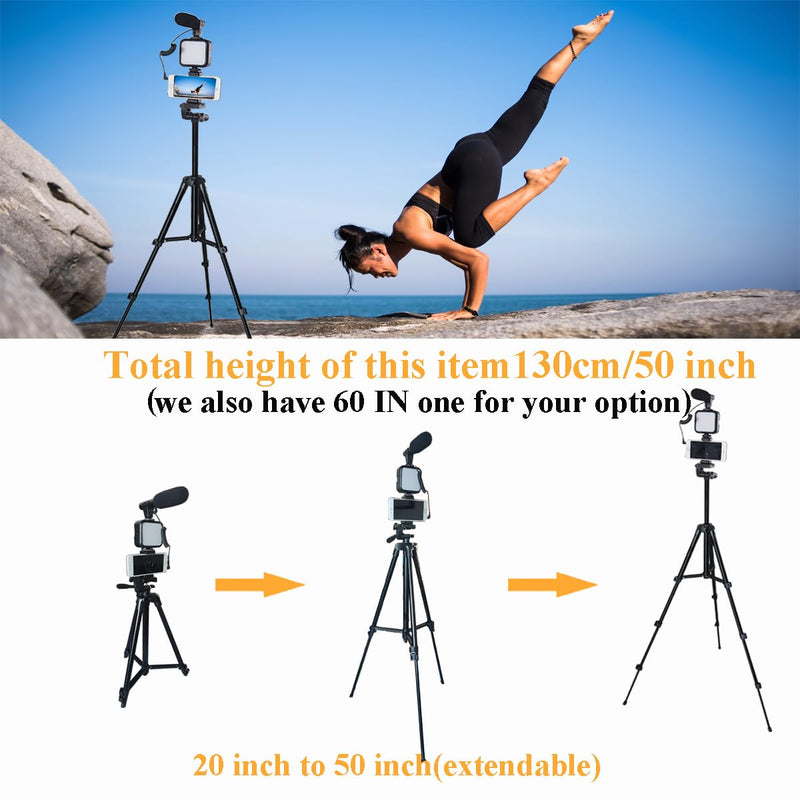 Vlogging kit for iPhone, YouTube Starter Kit, Vlogging Camera kit with RGB Light Extendable Tripod Shotgun Microphone Jack Adapter Remote for iPhone Samsung Phone Camera Total height 20IN to 50IN