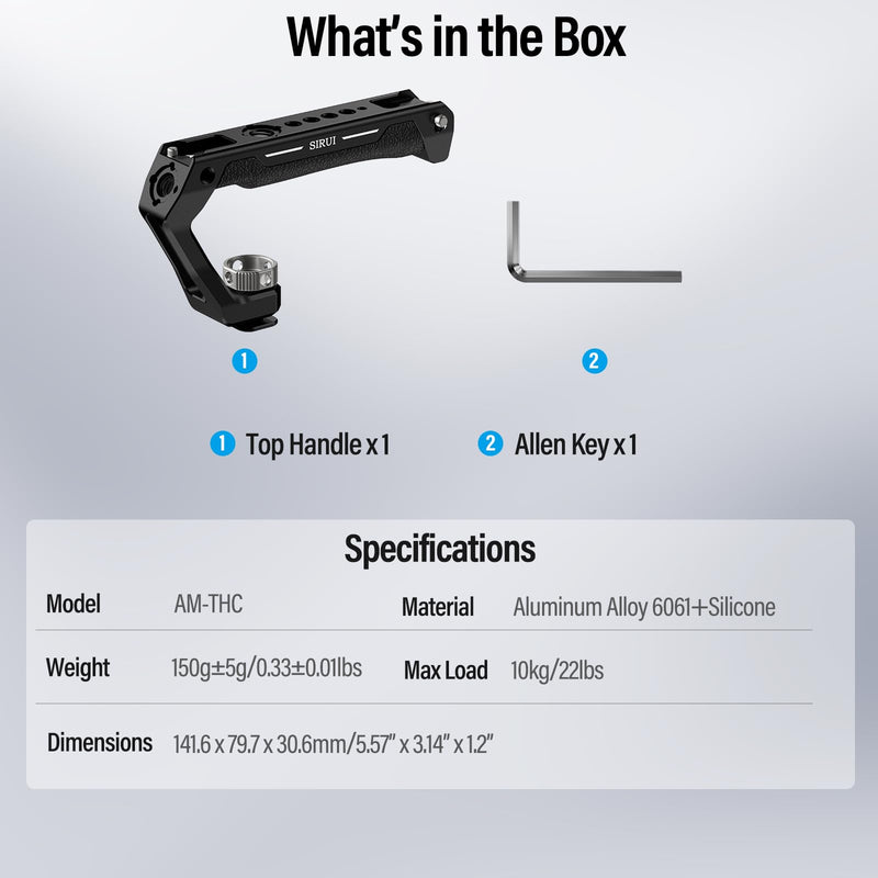 SIRUI Cold Shoe Mount Camera Top Handle, Universal Camera Cage Top Hand Grip with Anti-Off Designed Cold Shoe Adapter, and Multiple Mounting Points, AM-THC