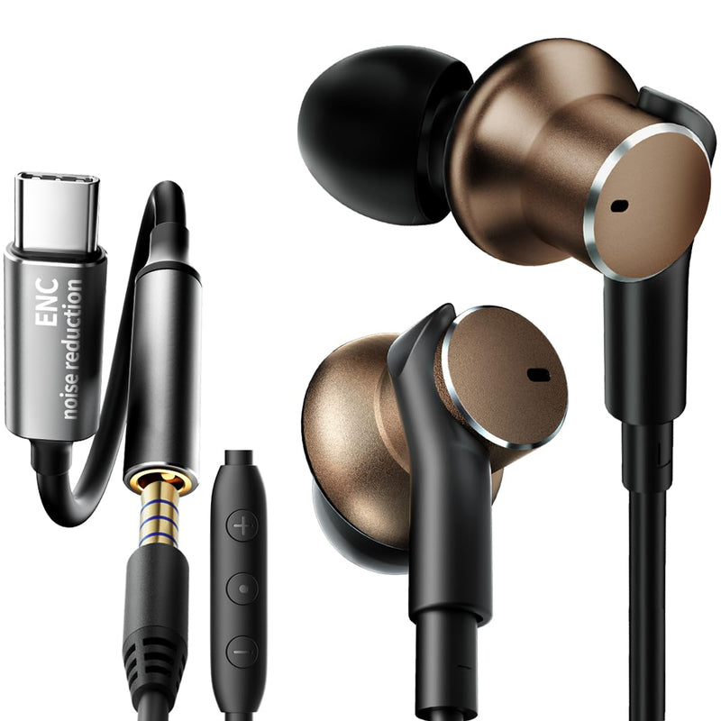 Dynamic Balanced Deep Bass Wired Headphones-Call Noise cancelling Earbuds | Dual-Driver Bass Boost ear bud Wired, In-Ear Noise Isolation-Clear Call and High-Resolution Audio,Noise Cancellation USB C+3.5mm